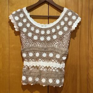 Dolce Cabo‎ Womens Crochet Open Knit Brown Beige Sweater-Sz M-Boho-Cottagecore-